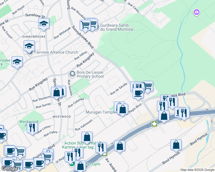 map of restaurants, bars, coffee shops, grocery stores, and more near 40 Rue Lamarche in Dollard-des-Ormeaux