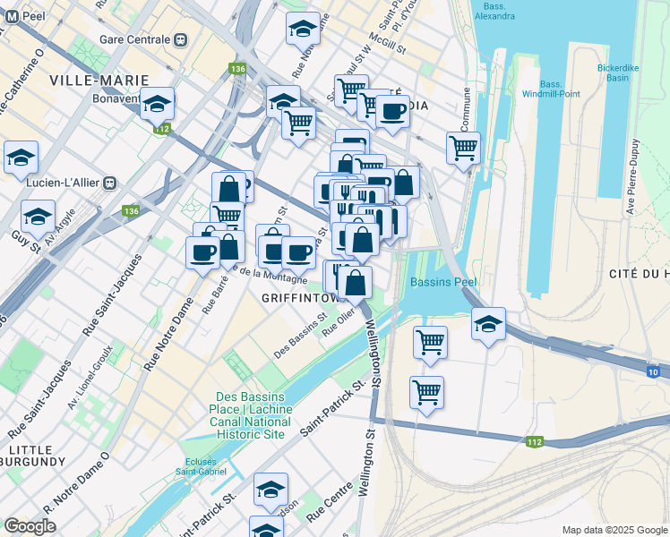 map of restaurants, bars, coffee shops, grocery stores, and more near 190 Rue Murray in Montréal