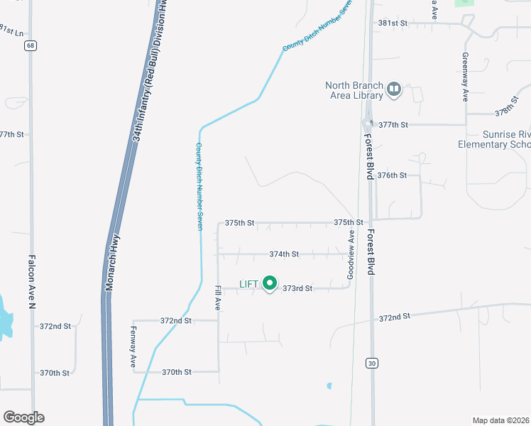 map of restaurants, bars, coffee shops, grocery stores, and more near 6028 375th Street in North Branch