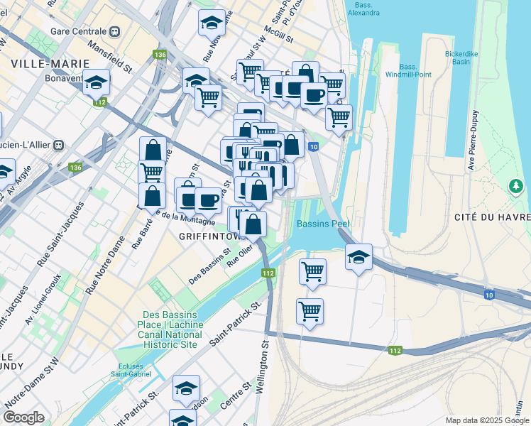 map of restaurants, bars, coffee shops, grocery stores, and more near 1140 Rue Wellington in Montréal