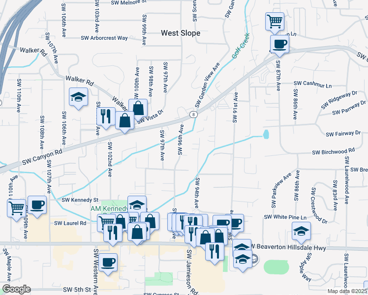 map of restaurants, bars, coffee shops, grocery stores, and more near 3820 Southwest 96th Avenue in Portland