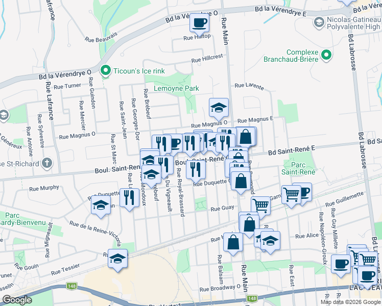 map of restaurants, bars, coffee shops, grocery stores, and more near 236 Rue Bélec in Gatineau