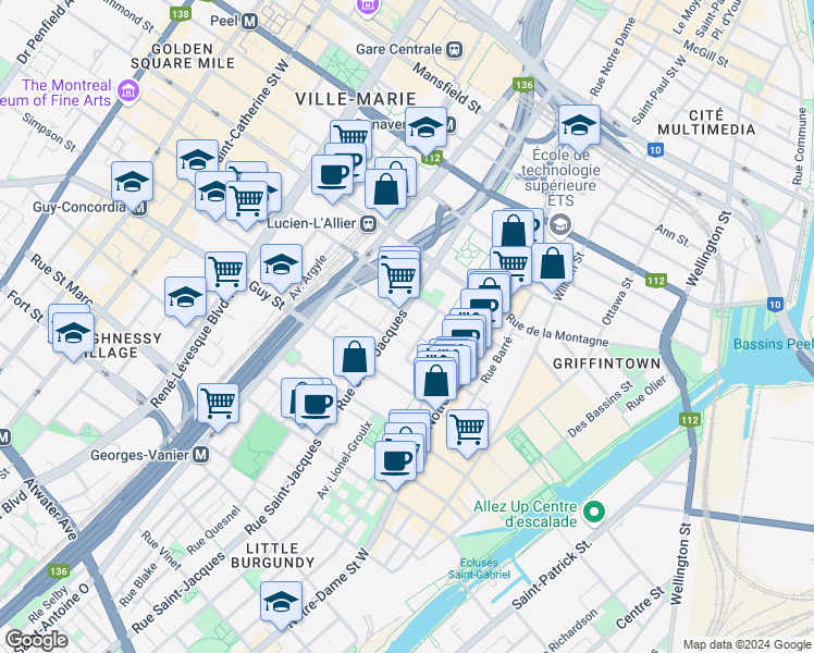 map of restaurants, bars, coffee shops, grocery stores, and more near 1430 Rue Saint-Jacques in Montréal