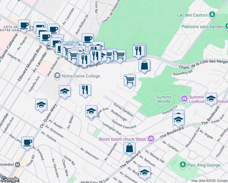 map of restaurants, bars, coffee shops, grocery stores, and more near 57 Avenue Oakland in Westmount