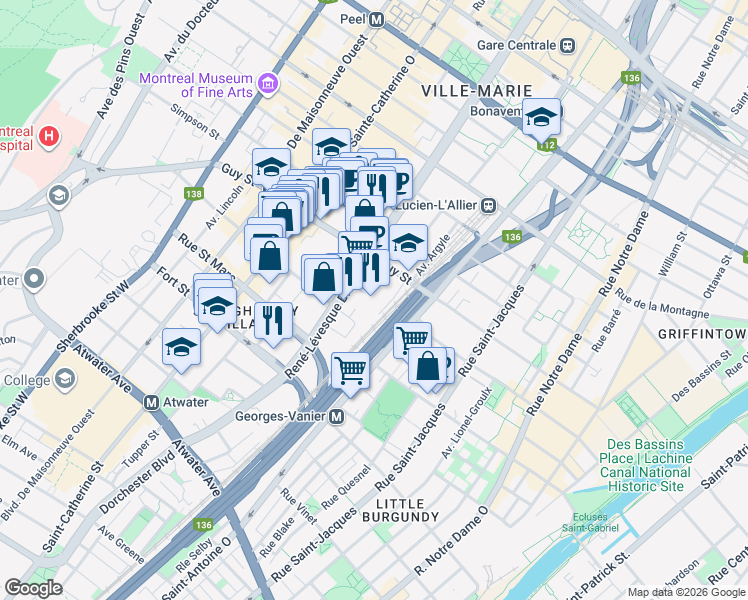 map of restaurants, bars, coffee shops, grocery stores, and more near 1050 Avenue Amesbury in Montréal