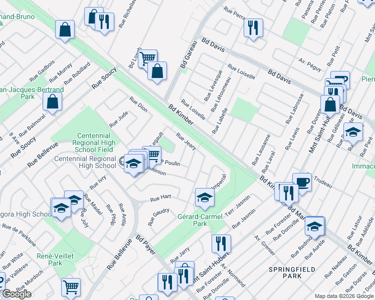 map of restaurants, bars, coffee shops, grocery stores, and more near 1011 Rue Geoffrion in Longueuil