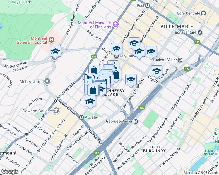 map of restaurants, bars, coffee shops, grocery stores, and more near in Montreal