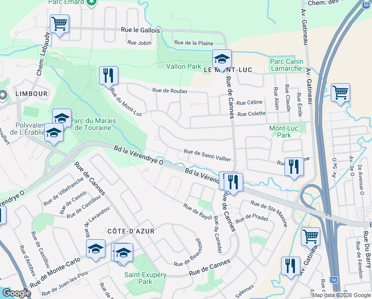 map of restaurants, bars, coffee shops, grocery stores, and more near 216 Rue de Saint-Vallier in Gatineau