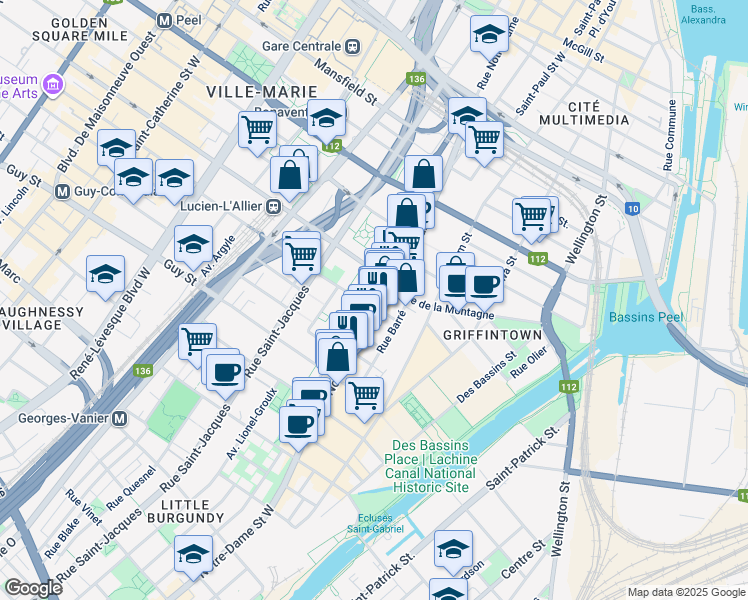 map of restaurants, bars, coffee shops, grocery stores, and more near 1333 Rue Notre-Dame Ouest in Montréal