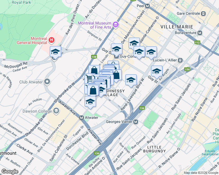 map of restaurants, bars, coffee shops, grocery stores, and more near in Montreal