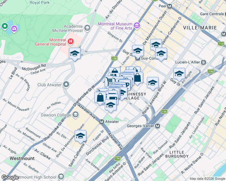 map of restaurants, bars, coffee shops, grocery stores, and more near 2050 Boulevard De Maisonneuve Ouest in Montreal