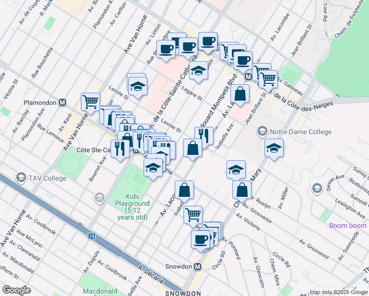 map of restaurants, bars, coffee shops, grocery stores, and more near 4655 Boulevard Édouard-Montpetit in Montréal