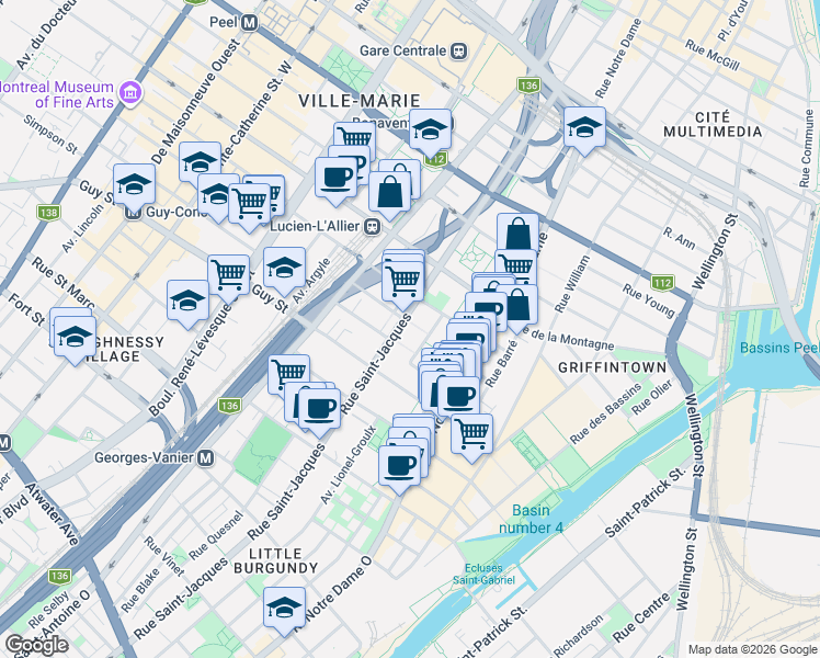 map of restaurants, bars, coffee shops, grocery stores, and more near 1430 Rue Saint-Jacques in Montréal