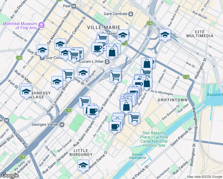 map of restaurants, bars, coffee shops, grocery stores, and more near 1455 Rue Saint-Jacques in Montréal