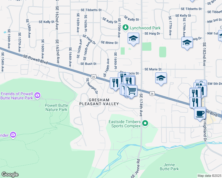 map of restaurants, bars, coffee shops, grocery stores, and more near 17102 Southeast Powell Boulevard in Portland