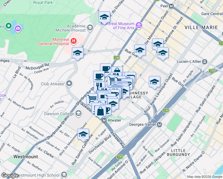 map of restaurants, bars, coffee shops, grocery stores, and more near 2061 Boulevard De Maisonneuve Ouest in Montreal