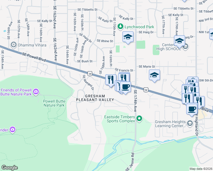 map of restaurants, bars, coffee shops, grocery stores, and more near 16916 Southeast Powell Boulevard in Portland