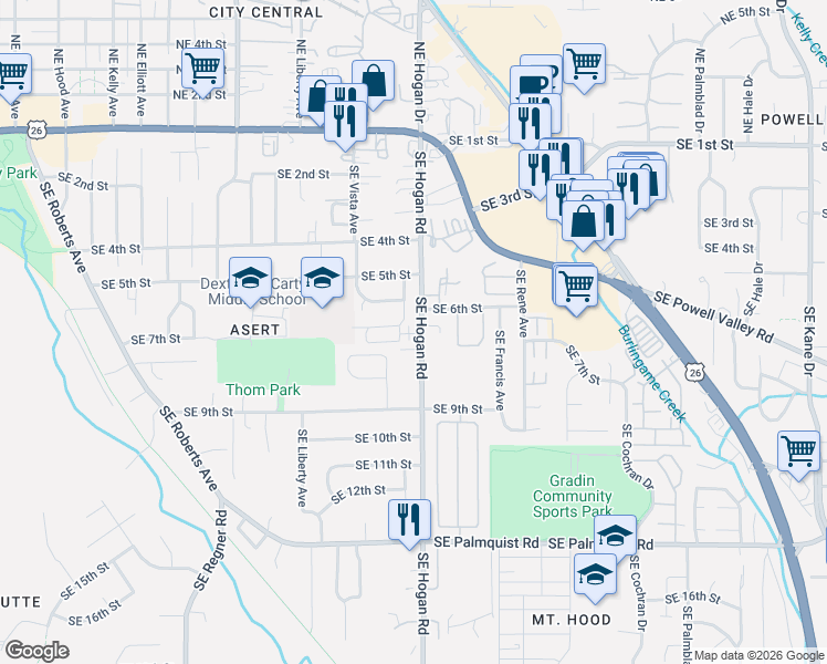 map of restaurants, bars, coffee shops, grocery stores, and more near 740 Southeast Hogan Road in Gresham