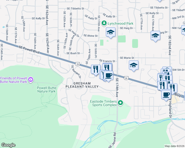 map of restaurants, bars, coffee shops, grocery stores, and more near 17102 Southeast Powell Boulevard in Portland
