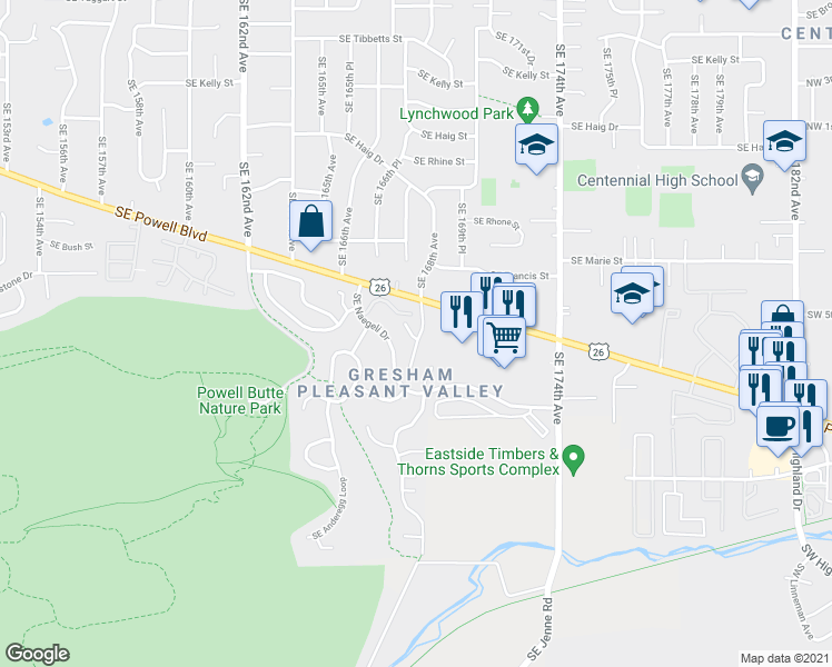 map of restaurants, bars, coffee shops, grocery stores, and more near 16814 Southeast Powell Boulevard in Portland