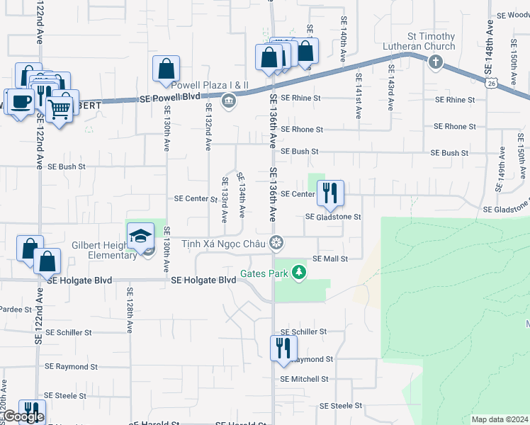map of restaurants, bars, coffee shops, grocery stores, and more near 4131 Southeast 136th Avenue in Portland