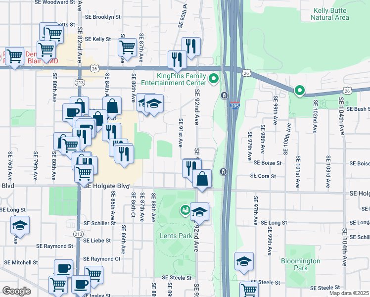 map of restaurants, bars, coffee shops, grocery stores, and more near 9107 Southeast Boise Street in Portland