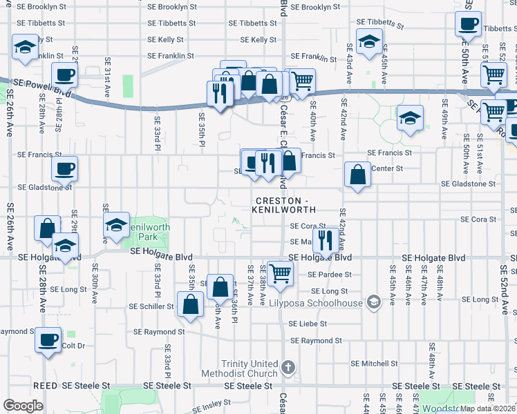 map of restaurants, bars, coffee shops, grocery stores, and more near 3817 Southeast Cora Street in Portland