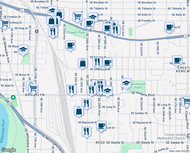 map of restaurants, bars, coffee shops, grocery stores, and more near 2706 Southeast Cora Street in Portland
