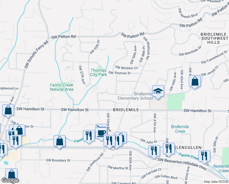 map of restaurants, bars, coffee shops, grocery stores, and more near 5134 Southwest Bancroft Street in Portland
