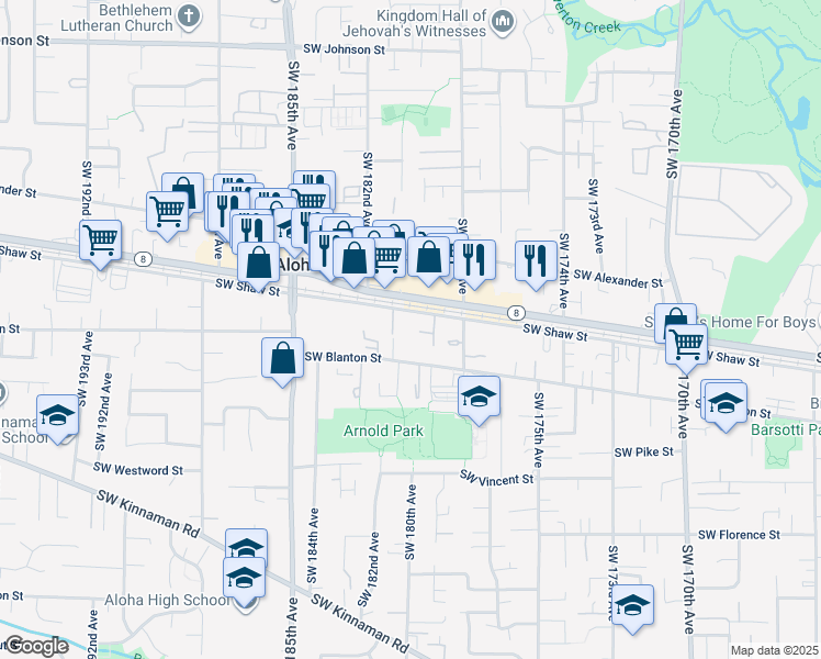map of restaurants, bars, coffee shops, grocery stores, and more near 17985 Southwest Blanton Street in Aloha