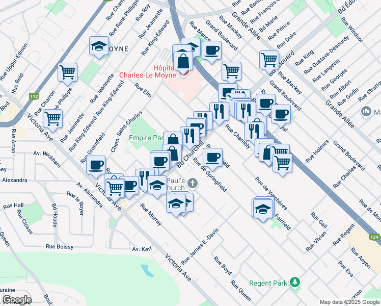 map of restaurants, bars, coffee shops, grocery stores, and more near 196 Boulevard Churchill in Greenfield Park Longueuil