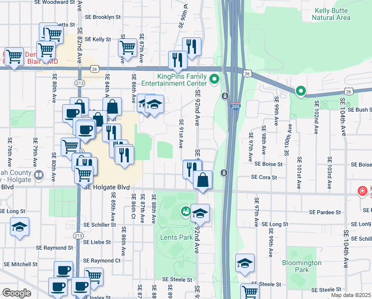 map of restaurants, bars, coffee shops, grocery stores, and more near 9107 Southeast Boise Street in Portland