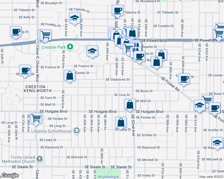 map of restaurants, bars, coffee shops, grocery stores, and more near 4933 Southeast Cora Street in Portland