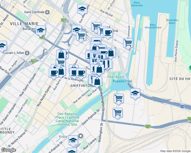 map of restaurants, bars, coffee shops, grocery stores, and more near 1165 Wellington Street in Montrã©Al