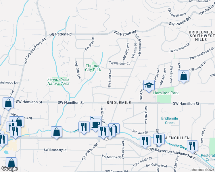 map of restaurants, bars, coffee shops, grocery stores, and more near 4225 Southwest 52nd Avenue in Portland