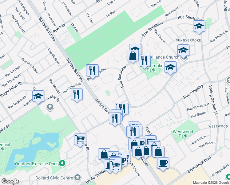 map of restaurants, bars, coffee shops, grocery stores, and more near 19 Rue Columbia in Dollard-des-Ormeaux