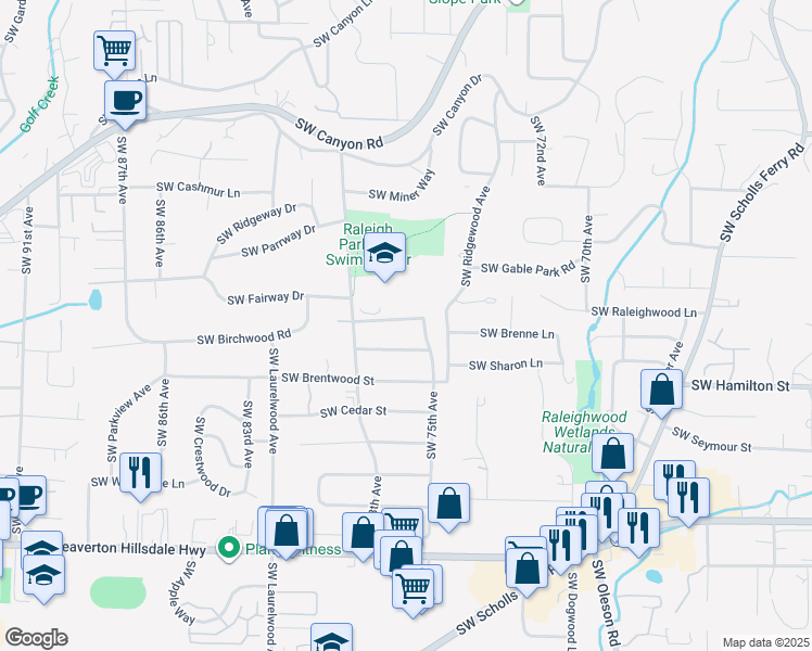 map of restaurants, bars, coffee shops, grocery stores, and more near 7580 Southwest Northshire Street in Portland
