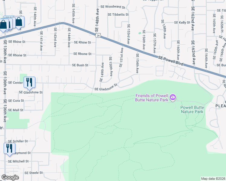 map of restaurants, bars, coffee shops, grocery stores, and more near 15012 Southeast Gladstone Street in Portland