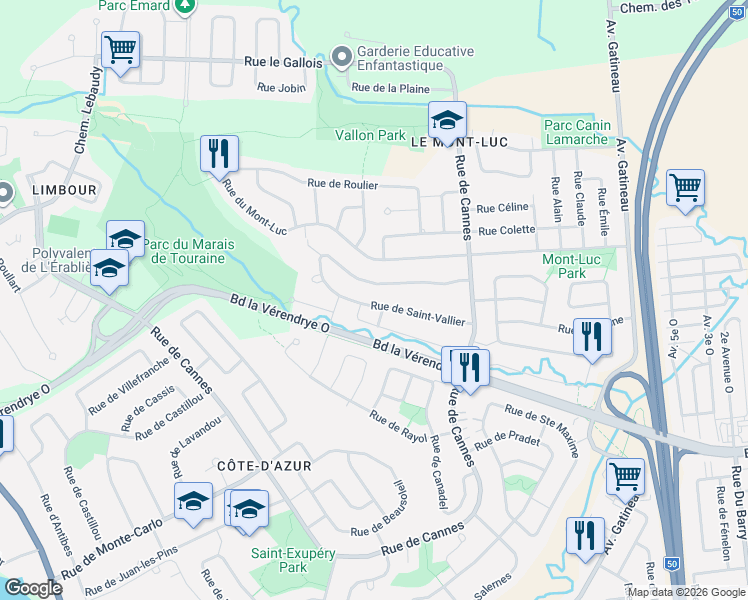 map of restaurants, bars, coffee shops, grocery stores, and more near 216 Rue de Saint-Vallier in Gatineau