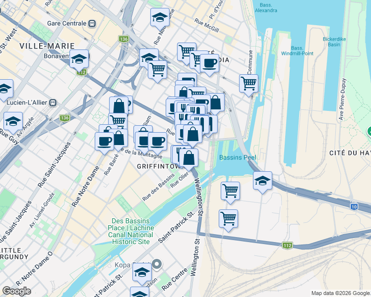 map of restaurants, bars, coffee shops, grocery stores, and more near 1165 Wellington Street in Montrã©Al