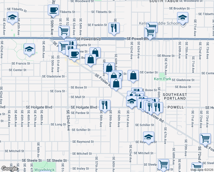 map of restaurants, bars, coffee shops, grocery stores, and more near 4223 Southeast 59th Avenue in Portland