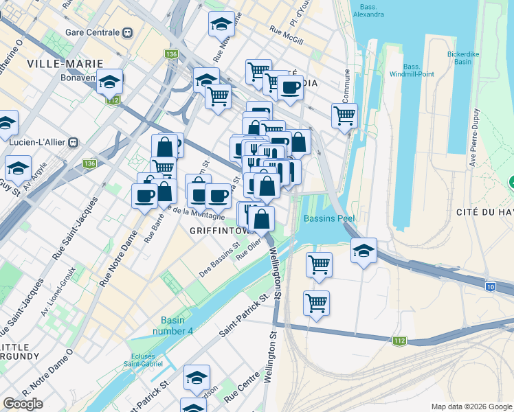 map of restaurants, bars, coffee shops, grocery stores, and more near 1165 Wellington Street in Montrã©Al