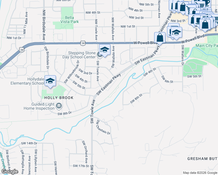 map of restaurants, bars, coffee shops, grocery stores, and more near 662 Southwest Eastman Parkway in Gresham