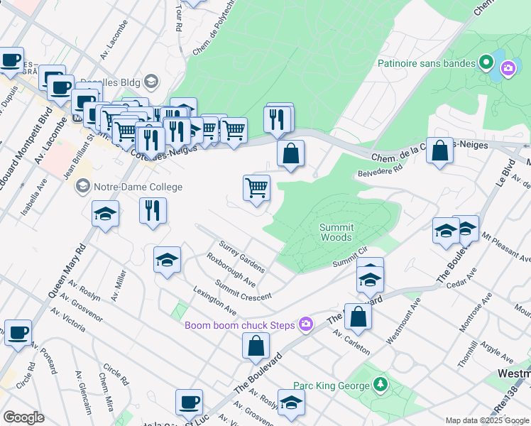 map of restaurants, bars, coffee shops, grocery stores, and more near 3220 Avenue Ridgewood in Montreal