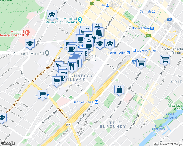 map of restaurants, bars, coffee shops, grocery stores, and more near 1176 Rue Saint Mathieu in Montréal
