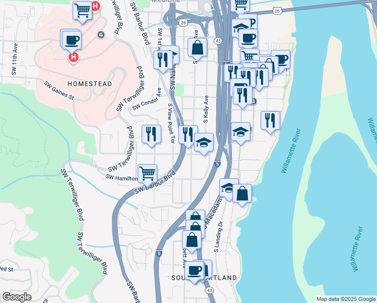 map of restaurants, bars, coffee shops, grocery stores, and more near 110 Southwest Bancroft Street in Portland