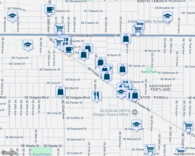 map of restaurants, bars, coffee shops, grocery stores, and more near 5817 Southeast Boise Street in Portland