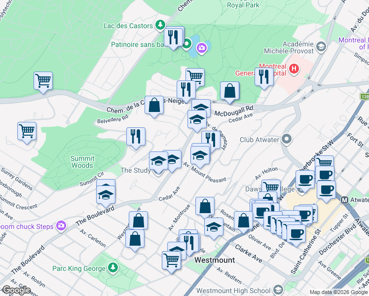 map of restaurants, bars, coffee shops, grocery stores, and more near 5170 Le Boulevard in Montreal