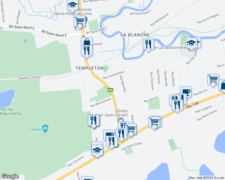 map of restaurants, bars, coffee shops, grocery stores, and more near 68 Boulevard Lorrain in Gatineau