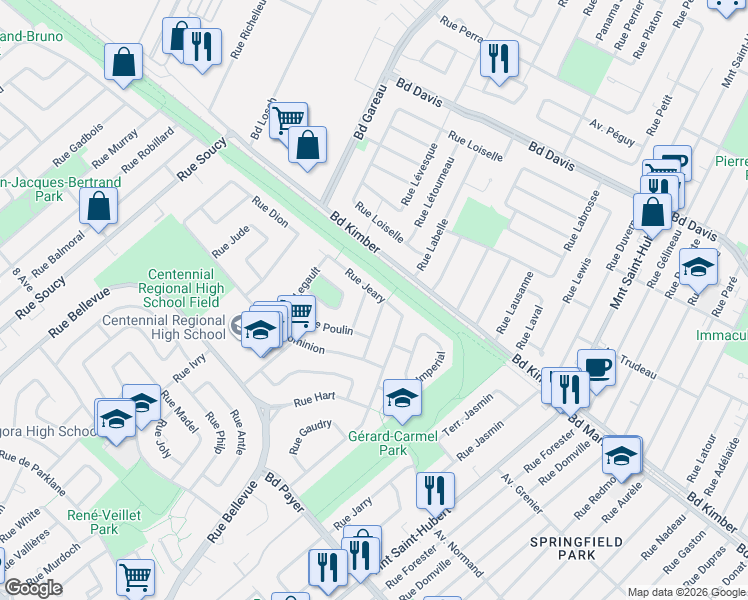 map of restaurants, bars, coffee shops, grocery stores, and more near 1109 Rue Jeary in Longueuil